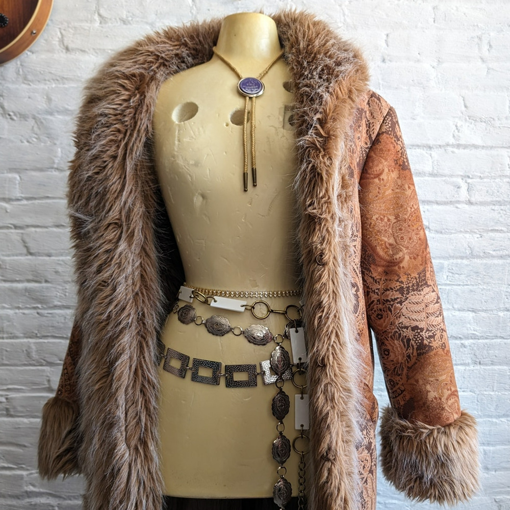 90s Vintage Penny Lane Groovy Faux Fur Jacket Shaggy Afghan Tapestry Trench Coat - Picture 7 of 9